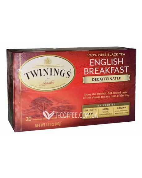 Чай TWININGS English Breakfast Decaffeinated Англійський Сніданок без кофеїну 20 х 2 г (07017717173517)